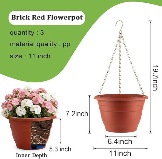 RooTrimmer Hanging Planters 11 Inch, 3 Pcs Flower Pots with Drainage Hole, Self Watering Hanging Basket for Indoor Outdoor Plants, Decor, Pottery Red