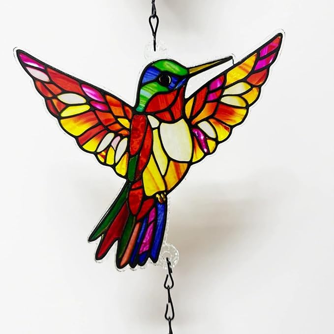 Wind Chimes for Outside, Amber Stained Glass Hummingbird Wind Chime, Deep Tone Memorial Gifts for Women Mom Grandma, Durable Metal Garden Patio Yard Window Decoration