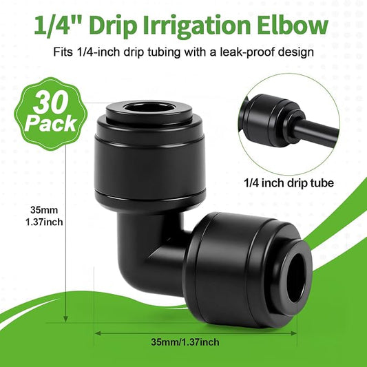 RedChili 30 PCS Quick Connect Drip Irrigation 1/4" Elbow Fitting, Universal 90 Degree Elbow Connectors for 1/4-Inch Drip Tubing Leak Free Fittings for Sprinkler Irrigation System Connection