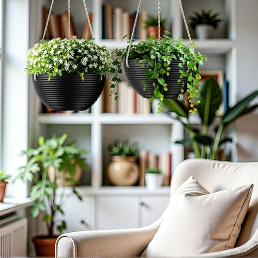Asnext Line Pattern 10 Inch Hanging Planter for Indoor Outdoor Plants, 2 Pack Round Hanging Pots for Plants (Black)