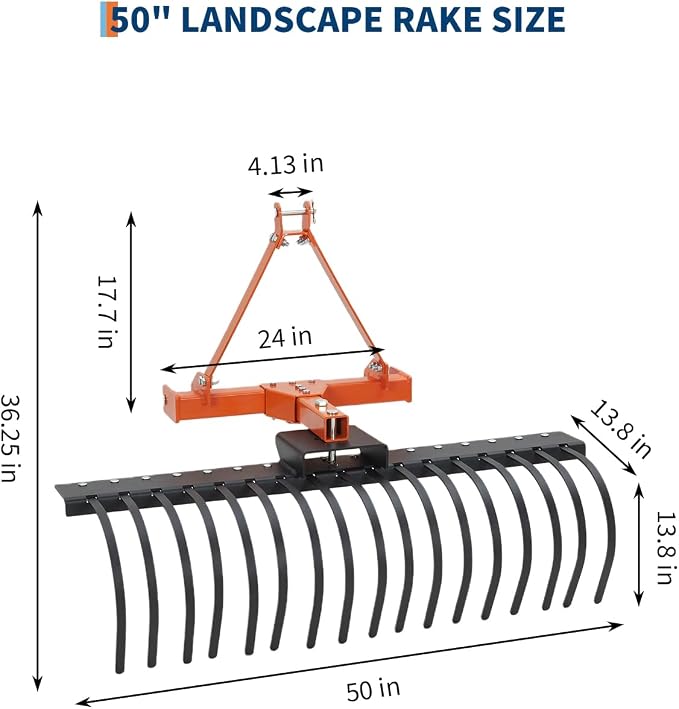 3 Point Hitch Tractor Rake, 50" Landscape Rake Category-0 Cat-1 Tractor with 360 Degree Rotation,Replaceable Spring Steel Tines, Quick Mount for Clearing Brush, Raking Arenas