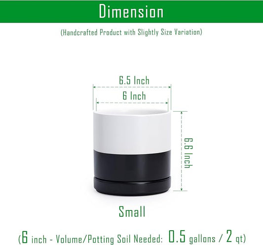 D'vine Dev 6.5 Inch Ceramic Planter Pot, Black White Two Tone, 94-O-C-L | Modern Cylinder Design, Drainage Hole & Saucer Included, Stable Structure, Elegant Home Accent