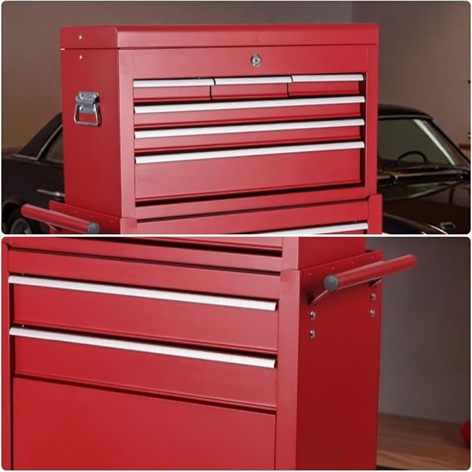 Tool Chest, 8-Drawers Rolling Tool Storage Cabinet with 2-in-1 Detachable Tool Box, Liner, Lockable Wheels, Side Hooks, Multifunctional Metal Tool Cart for Garage Warehouse, Red