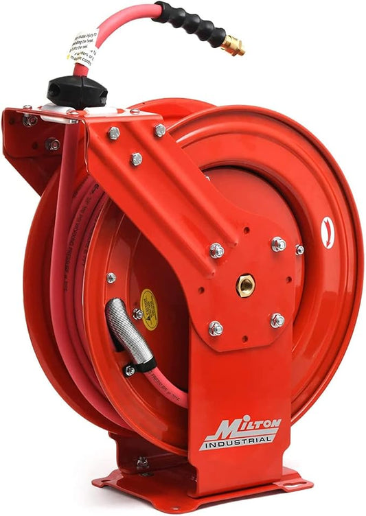 MILTON Strength Air Hose Reel w/Auto- Retractable Steel Dual Arm, Red - 2770-50D & ColorFit by Coupler & Plug Kit - (M-Style, Red) - 1/4" NPT, (14-Piece) - S-314MKIT