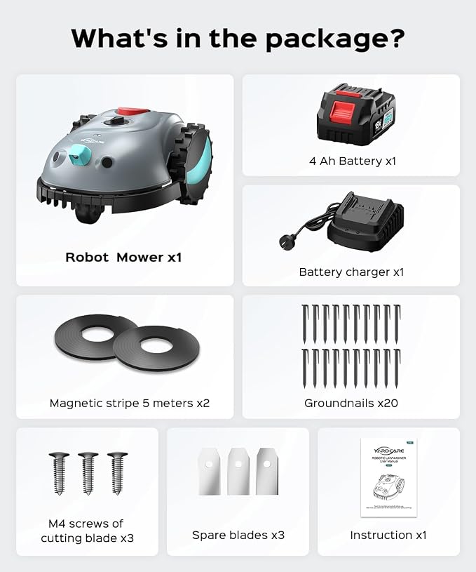 YARDCARE V100 Robot Lawn Mower with HD Vision Navigation, Smart Obstacle Detection, Collision Sensors, Adjustable Cutting Height, Low-Noise Operation—Perfect for Small Lawns up to 1,600 sq ft.