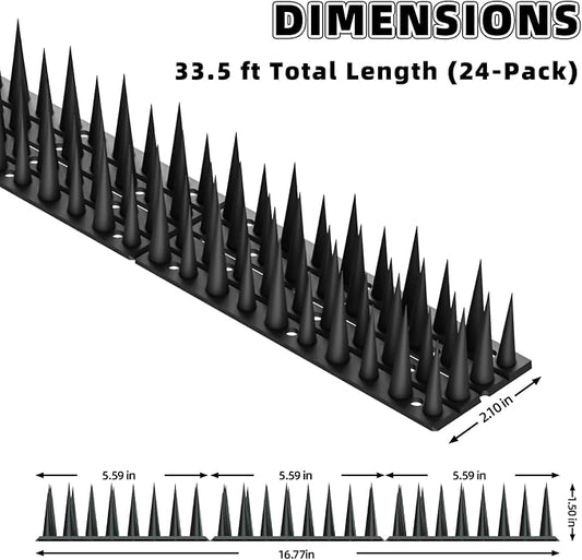 Bird Spikes, 24 Pack, 33.5 FT Total Coverage, Outdoor Bird Deterrent for Pigeons and Small Birds, Helps Keep Cats and Squirrels Away, Plastic Spikes for Fences, Railings and Roofs, Black