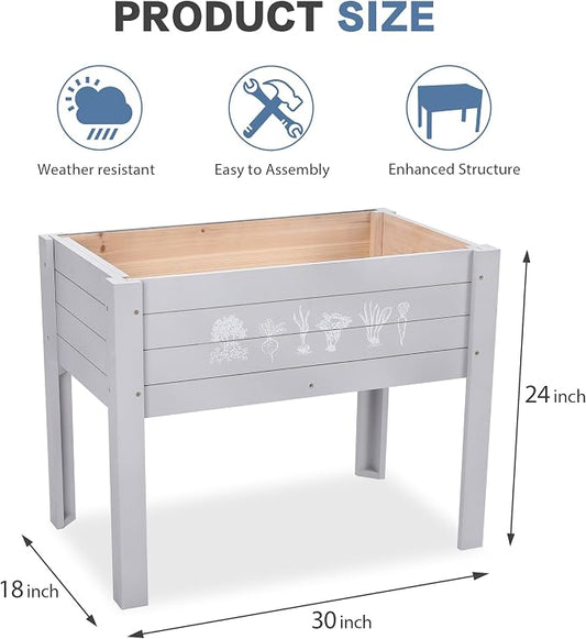 Raised Garden Bed with DIY Chalkboard, 30 x 24 x 18 Inch Wooden Elevated Raised Garden Bed, Outdoor Planter Box with Legs for Vegetables Grass Lawn Yard, Light Gray