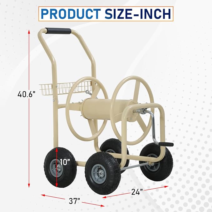FDW Garden Hose Reel Cart, Water Hose Cart with 4 Wheels, Hold Up to 300 ft of 5/8’’ Hose,Heavy Duty Powder-Coated Steel Planting with Storage Basket, for Garden, Yard and Lawn