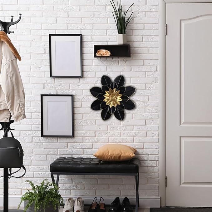 hogardeck Metal Flower Wall Decor, 16" Black & Gold Floral Metal Wall Art for Indoor Outdoor, Boho Modern Wall Decor for Bathroom, Living Room, Kitchen, Bedroom, Porch, Garden, Yard