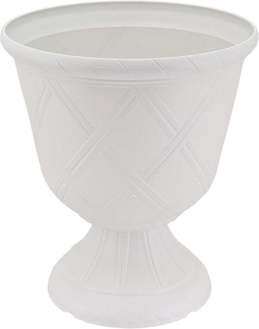 Arcadia Garden Products PL61WT Lattice Plastic Garden Urn, Classic Decorative Garden Pot Planter for Indoor and Outdoor Plants, White