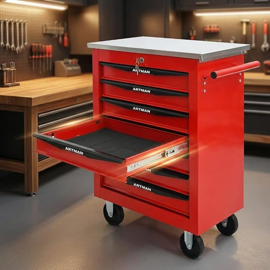 7-Drawer Rolling Tool Chest, Lockable Stainless Worktop for Garage, Red | Heavy Duty Metal Tool Cabinet with Drawers on Wheels for Warehouse and Workshop Storage