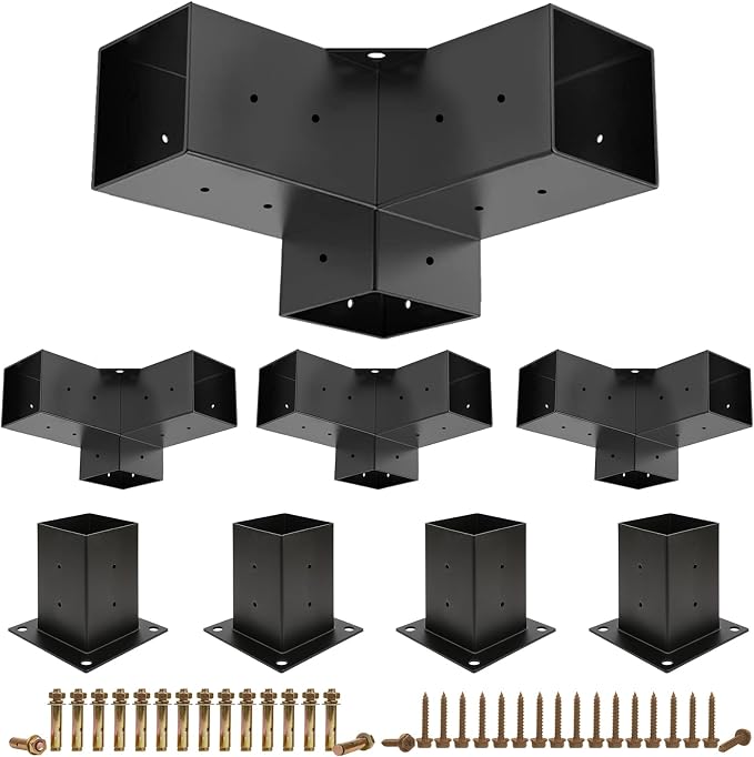 Pergola Brackets, 4 Pack Woodworks Pergola Kit 3-Way Right Angle Corner Bracket with Pergola Post Base for 4x4'' (Actual: 3.5x3.5'') Wood Beams Elevated Wood Stand Kit Pergola/Gazebo Kit