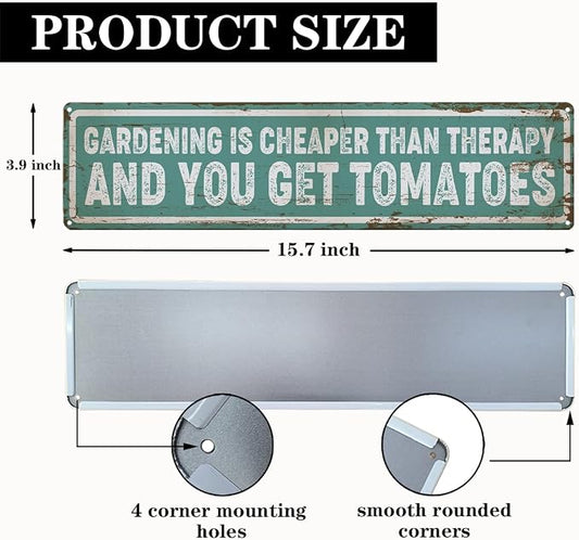 Garden Metal Tin Sign, Funny Garden Decor, Vintage Farmhouse Wall Art, Gardening Is Cheaper Than Therapy Sign, for Yard Fence Door Porch, Indoor Outdoor Gardens Decoration, 15.7 x 3.9 Inches