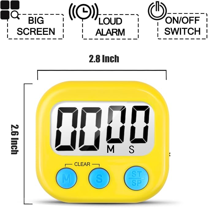 2 Pack Digital Kitchen Timer for Cooking Big Digits Loud Alarm Magnetic Backing Stand Cooking Timers for Baking Yellow