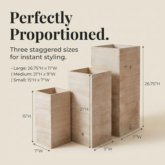 Anderson's Square Wooden Garden Planters Set – Rustic 3‑Piece Wood Planter Collection for Weddings, Patios, Backyards, Seasonal Décor & Modern‑Farmhouse Styling (Small 15", Medium 21", Large 26.75")