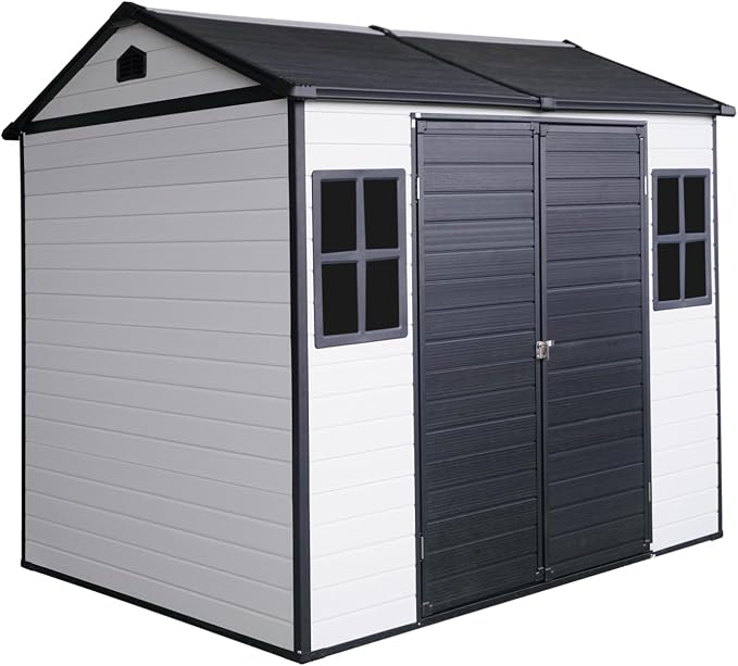 PVWIIK 8x6 ft Resin Outdoor Storage Shed with Floor & Window, Lockable Waterproof All-Weather Utility Shed for Garden Tools & Trash Bins, Black-White