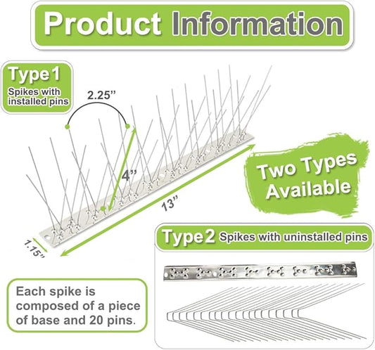 Bird Spikes Stainless Steel 43ft Coverage 40 Pack for Pigeons Small Birds Outdoor Use Bird Prevention Strips for Fence Crows Woodpeckers with 304 Stainless Steel Pins and Base Not Rusty