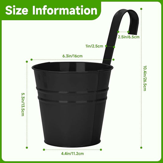 KINGLAKE Flower Pots,10 Pcs Metal Iron Hanging Flower Plant Pot Balcony Garden Plant Planter Baskets Fence Bucket Pots 6.3'' Flower Holders with Detachable Hook Black