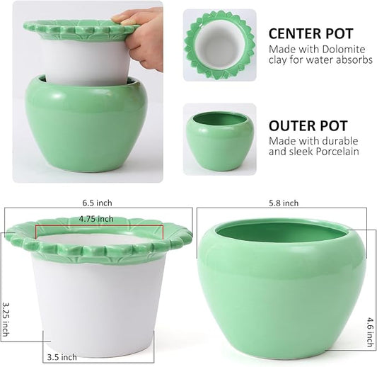 Self Watering Plant African Violet Flower Pot 6.5 * 4.6 * 4 Inch Green Ceramic Pot Maintenance Indoor Plant Self Watering Seeder Plant Planting High Absorption Plant Inner Flower Pot