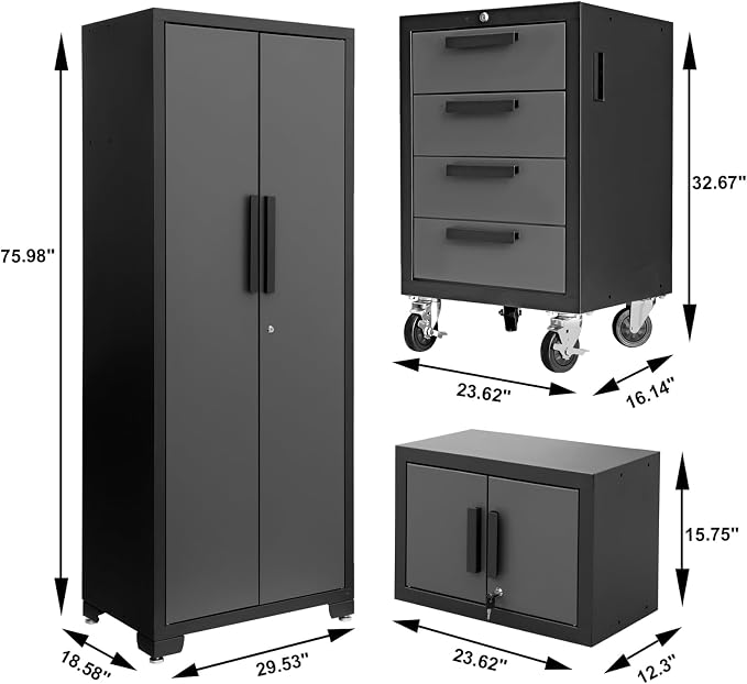 BIG RED 6 Piece Set Garage Cabinets: Lockable Design for Optimal Garage Storage and Organization, Garage Workbench with Storage ,76.8" 18.6" 75.95", Black/Grey