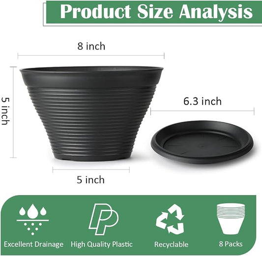 RooTrimmer 8 Inch Plastic Plant Pots with Saucers 8 Pack, Flower Pots with Drainage Holes, Sturdy Planter Pots for Indoor Outdoor, Modern Decorative Gardening Pots for Planting House Plants, Black