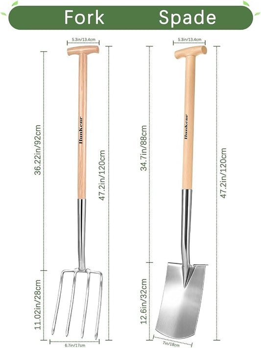 Garden Pitchfork Spade Set, 4-Tine Stainless Steel Pitchfork, 47" Heavy Duty Long Handled Spade with T-Handle/Ergonomic Beech Handle for Digging, Planting, Cultivating, Aerating