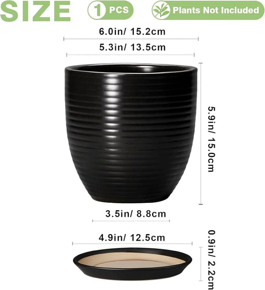6 Inch Plant Pot - Ceramic Planters for Indoor Outdoor Plants, Modern Flower Pots with Drainage Hole and Saucer, Round Ceramic Planter, Office Room Decor, Gifts for Plant Lovers, Matte Black