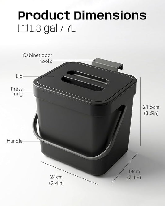 Countertop Compost Bin Kitchen, 1.8 Gallons Hanging Trash Can with Lid for Kitchen Cabinet Door, Under Sink, Wall Mounted Waste Bin for Bathroom, 7L(Black)