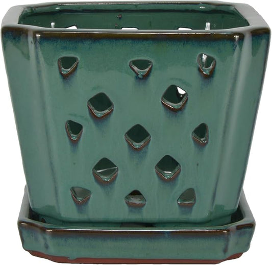 W&W Orchid Pot with Holes and Saucer for Repotting, Green, 7"