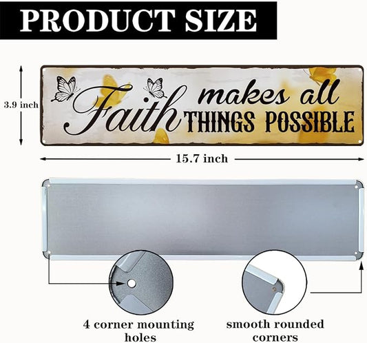 Garden Metal Tin Sign, Vintage Farmhouse Decor, Faith Makes All Things Possible, Butterfly Wall Decor for Yard Fence Porch, Inspirational Indoor Outdoor Garden Decoration, 15.7 x 3.9 Inches