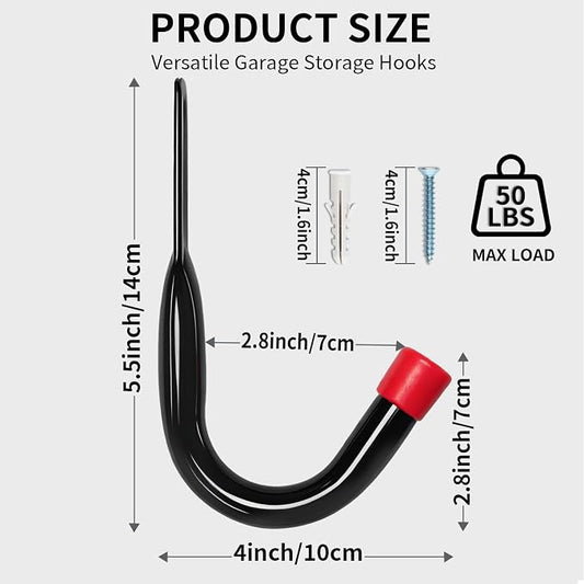 Wall Mount Garage Storage Hooks, Heavy Duty Steel Storage Hook Great for Garden Tools, Hoses, Lawn Mowers (5.5Inch x 4Inch)