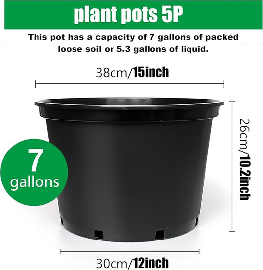 RooTrimmer 7 Gallon Plastic Nursery Pots, 15 Inch Large Plastic Pots for Plants, Round Plant Pots with Drainage Holes, Flower Pots for Outdoor Indoor Plants, Gardening Gifts for Women (5-Pack, Black)