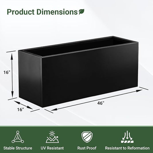 Metal Planter Box 46” x 16” x 16”, Tall Rectangle Planter Box | with Drainage Holes & Rust-Proof Coating, Modern Outdoor Black Planter Box for Porch, Garden, Patio, Yard