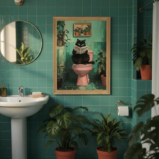 Funny Bathroom Wall Art Black Cat bathroom decor, funny Cat Bathroom Decor Canvas Print, funny Animal bathroom Wall Decor Framed Artwork for Bathroom Home 8x10 Inch