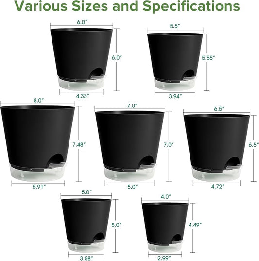 GARDIFE 2026 Upgraded Self Watering Plant Pots with Drainage Hole, 8/7/6.5/6/5.5/5/4 Inch Flower Planting Containers for House Plants, African Violet, Flowers, Cactus (Black, 8+7+6.5+6+5.5+5+4 inch)