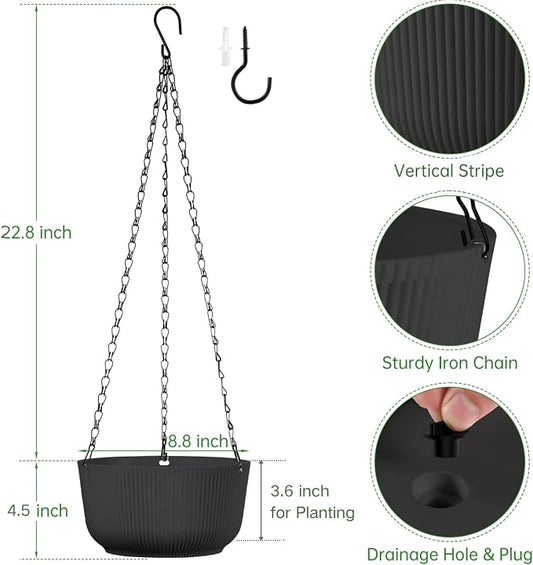 8 Inch Hanging Pots for Indoor Outdoor Plants Set of 2 | Self-Watering Hanging Planters with Internal Saucers, Drainage Holes & Plugs (Hooks)