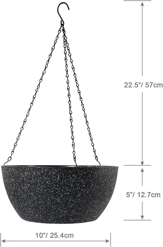 WSMKSZ 10 inch Hanging Planters for Outdoor Indoor Plants with Drainage Holes and Chain, 2 Pack Round Hanging Flower Pots for Garden Home Porch Decor, Speckled Black