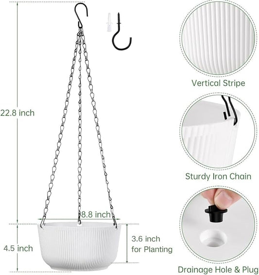 8 Inch Hanging Pots for Indoor Outdoor Plants Set of 2 | Self-Watering Hanging Planters with Internal Saucers, Drainage Holes & Plugs (Hooks)