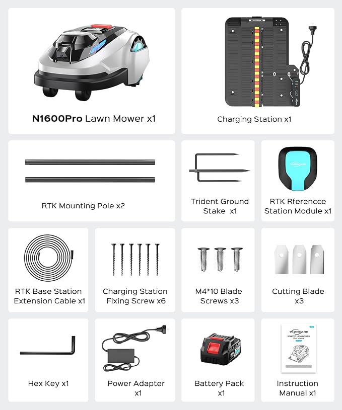 YARDCARE N1600 PRO Robot Lawn Mower, Wireless Design with RTK+Vision Navigation, 0.4 Acre Coverage, APP Smart Control Robot Lawn Mower, Multi-Zone Mowing, Curved Path, Adjustable Cutting Height