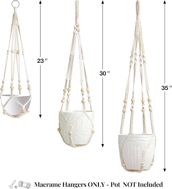 LEWESU 3 Pack Macrame Plant Hanger Indoor 3 Different Sizes Hanging Planter Basket Flower Pot Holder with Wood Beads & No Tassels for Boho Home Decor, 23, 30, 35 Inch, Ivory (Pot Not Included)