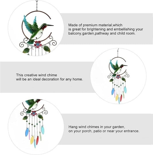 Wind Chimes Hummingbird, Garden Glass Colorful Wind Chimes for Home, Party, Festival Decor, Garden Decoration Indoor/Outdoor, Lifelike Hummingbird Bell Deep Tone Style