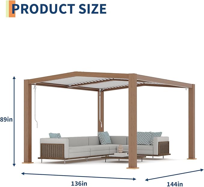 GarveeLife Louvered Pergola 11 ft x 13 ft, Outdoor Pergola with Adjustable Louvered Roof, Reinforced Aluminum Frame, Integrated Drainage System, Hardtop Gazebo for Patio, Deck, Wood Grain