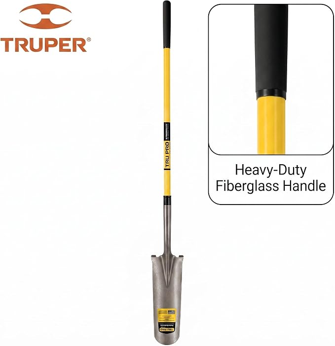 Truper Tru Pro 16-Inch Drain Spade, 48-Inch Professional Fiberglass Handle with 9-Inch Cushion Grip, 14-Gauge Tempered Steel Sharpshooter (Model 31286 / PEP-16FL)