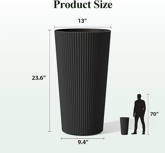 24" Black Outdoor Planter Set of 2, Tall Planters for Outdoor Plants with Drainage Hole, Large Flower Pots for Indoor Plants, Front Porch Decor/Patio, Plastic Striped