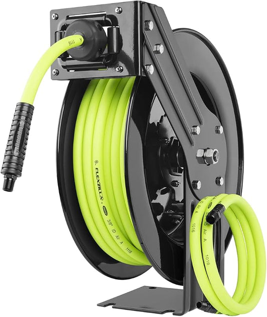 Flexzilla Open Face Retractable Air Hose Reel, 3/8 in. x 50 ft., Heavy Duty, ZillaGreen - L8611FZ & Air Hose, 3/8 in. x 50 ft., 1/4 in. MNPT Fittings, Heavy Duty, Lightweight, Hybrid, ZillaGreen