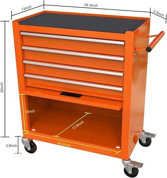 YOPTO Multifunctional Cart with 4 Ball-Bearing Drawers,Portable Rolling Tool Chest W/ 4 Wheels and Pull Handle,for Garage,Warehouse,Workshop,Repair Shop,Orange