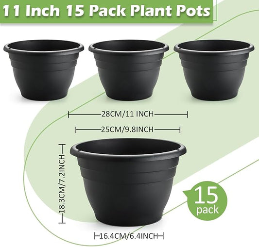 RooTrimmer 15 Pack 11 Inch Plant Pots with Drainage Holes,Black Plastic Flower Pots with Hanging Holes,Durable Planters for Indoor & Outdoor Plants,Nursery Pots