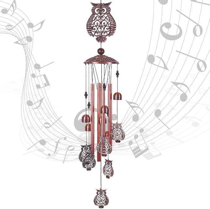 Owl Wind Chimes Outdoor Indoor Decor -with 4 Aluminum Tubes 6 Bells 7 Owls 37Inch Waterproof Mobile Romantic Wind Catcher Owl Windchimes for Home, Xmas Mom Gifts, Balcony, Festival, Garden Decoration