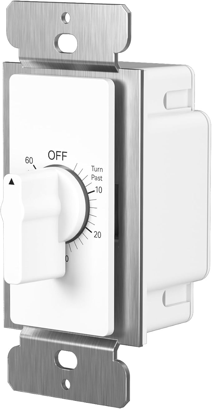 BN-LINK 60 Minute Spring Wound Bathroom Fan Timer Switch, Mechanical Countdown Light Switch Timer for Exhaust Fan & Lights, No Neutral Required, Wall Plate Included, ETL Listed, 1 Pack