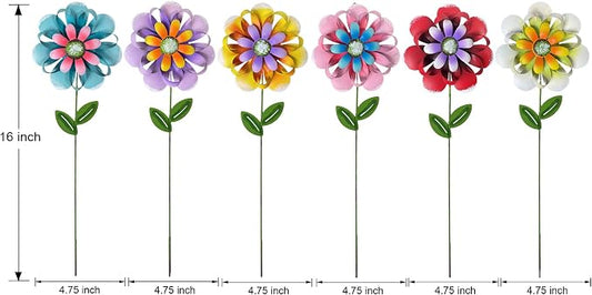 Metal Flower Garden Stakes, 6 Pc. Set, Large Colorful Decorative Landscape and Gardening Outdoor Decor, Lawn and Yard Ornament, Rust and Weather Resistant